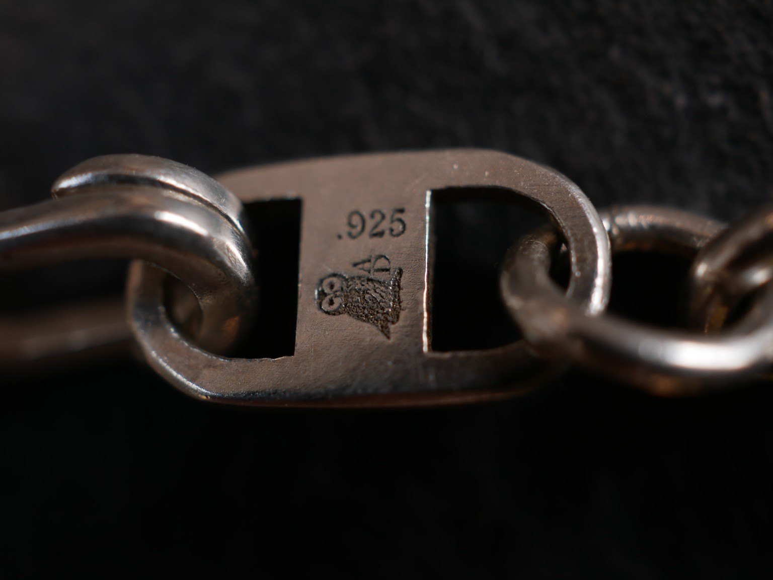 Aurum Deorum owl maker's mark and .925 fineness mark engraved on a handmade sterling silver chain clasp